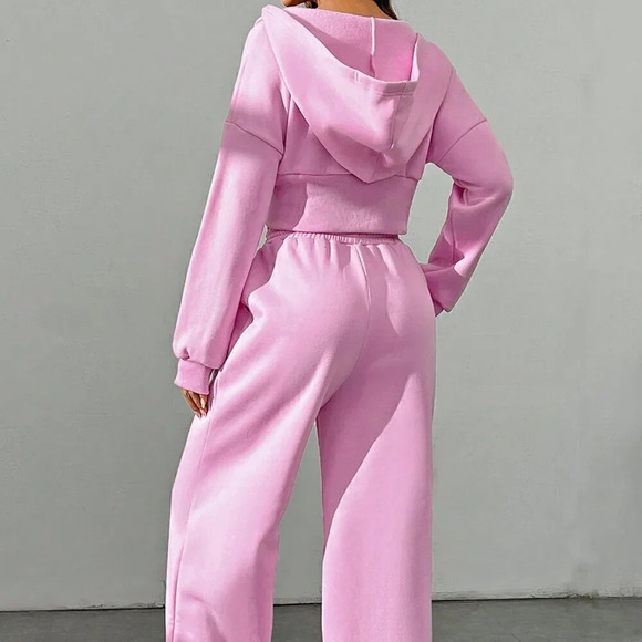 Pink Casual Women's Spring Zip Front Hooded Sweatshirt And Pants Two Piece Set - Picture 6 of 7